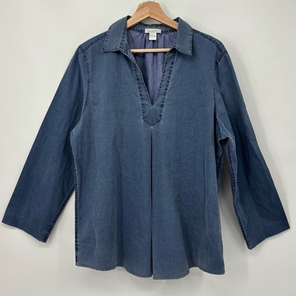 Garnet Hill chambray collared V Neck popover top / tunic  100% Cotton Large - Picture 1 of 8